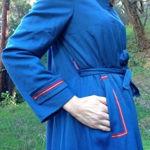 VTG Military Trench Cape Coat Red stripe trim belted Sz S 4 6 blue Jacket - £62.32 GBP