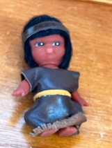Vintage Cute Small Rubber Dark Skinned Black Haired Doll w Brown Leather Shirt - £7.43 GBP