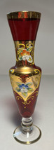 Vase Ruby Red Bohemian Type Art Glass Gold Trim Scrolling Daisies  7 Inches - £35.30 GBP