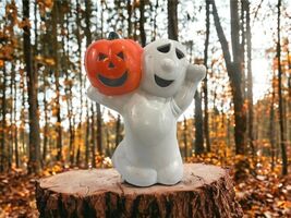 Ghost &amp; Pumpkin Vintage Ceramic Votive Candleholder In Box Jack-O-Lantern - $29.87