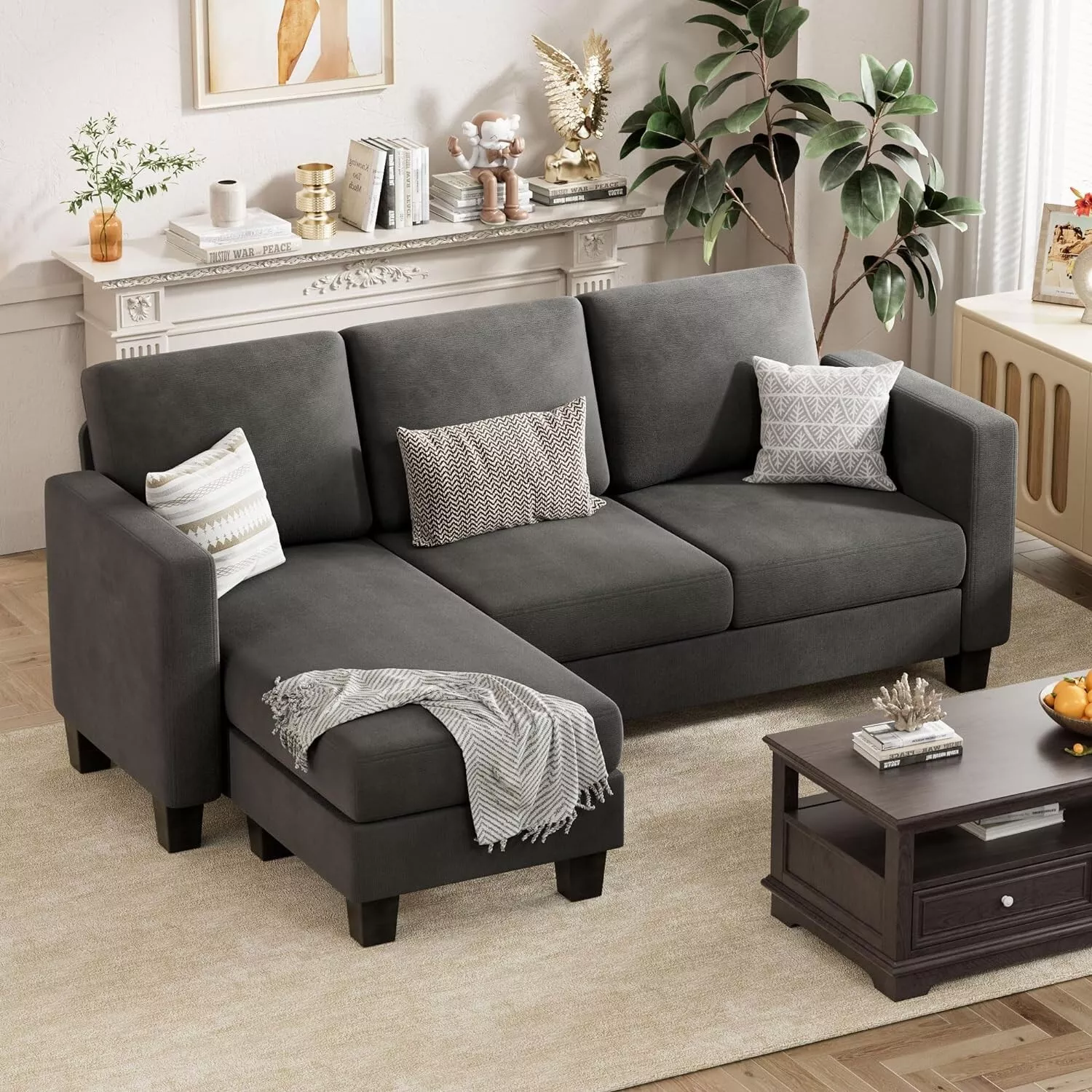 Dark Fabric L-Shaped Sectional Sofa Living Room Couch With Reversible Ot... - $442.09 CAD