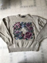 Vintage 90&#39;s Eddie Bauer Wool Bl Cream Floral Wreath Flowers Sweater Large - $111.89