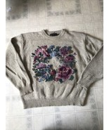 Vintage 90&#39;s Eddie Bauer Wool Bl Cream Floral Wreath Flowers Sweater Large - £88.40 GBP