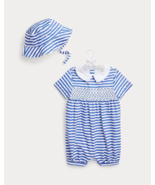 Ralph Lauren Childrenswear Boy&#39;s Cott.Poplin Smocked Shortalls Hat Set 1... - $127.71