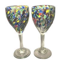 Pair Hand-blown Stemmed Wine Glasses Multicolor Confetti Swirl Heavy Weight 8&quot; - $29.44