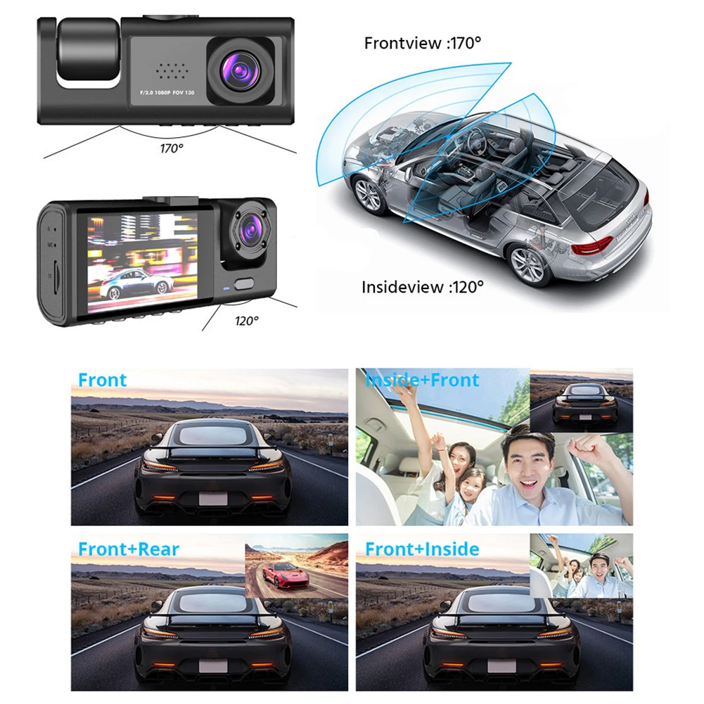 VODOOL 2 Inch 3-Lens Car Video Recorder with Motion Detection and Rear View - £27.56 GBP