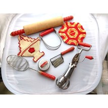 Red Handle Utensils Egg Beater Rolling Pin Pot Holders Garnisher Cookie ... - $44.55