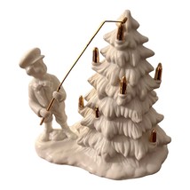 Russ Berrie Co Ceramic White Christmas Tree With Boy Gold Lanterns 6in T # 17214 - £15.81 GBP