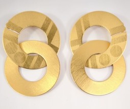 Double Hoop Drop Earrings Gold Tone Brushed Brass Patterned Disc Clip-On 1.75&quot; L - £6.57 GBP