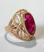 Ring Filigree Large Red Spinel Stone Vintage Jewelry Rose Gold 14K ⭐ 583 Star - £440.35 GBP