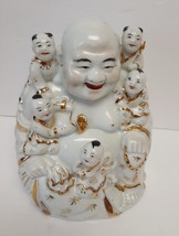 Chinese Happy Buddha w Five Children Gilt Bamboo Trim Marked 67 Porcelai... - $99.95