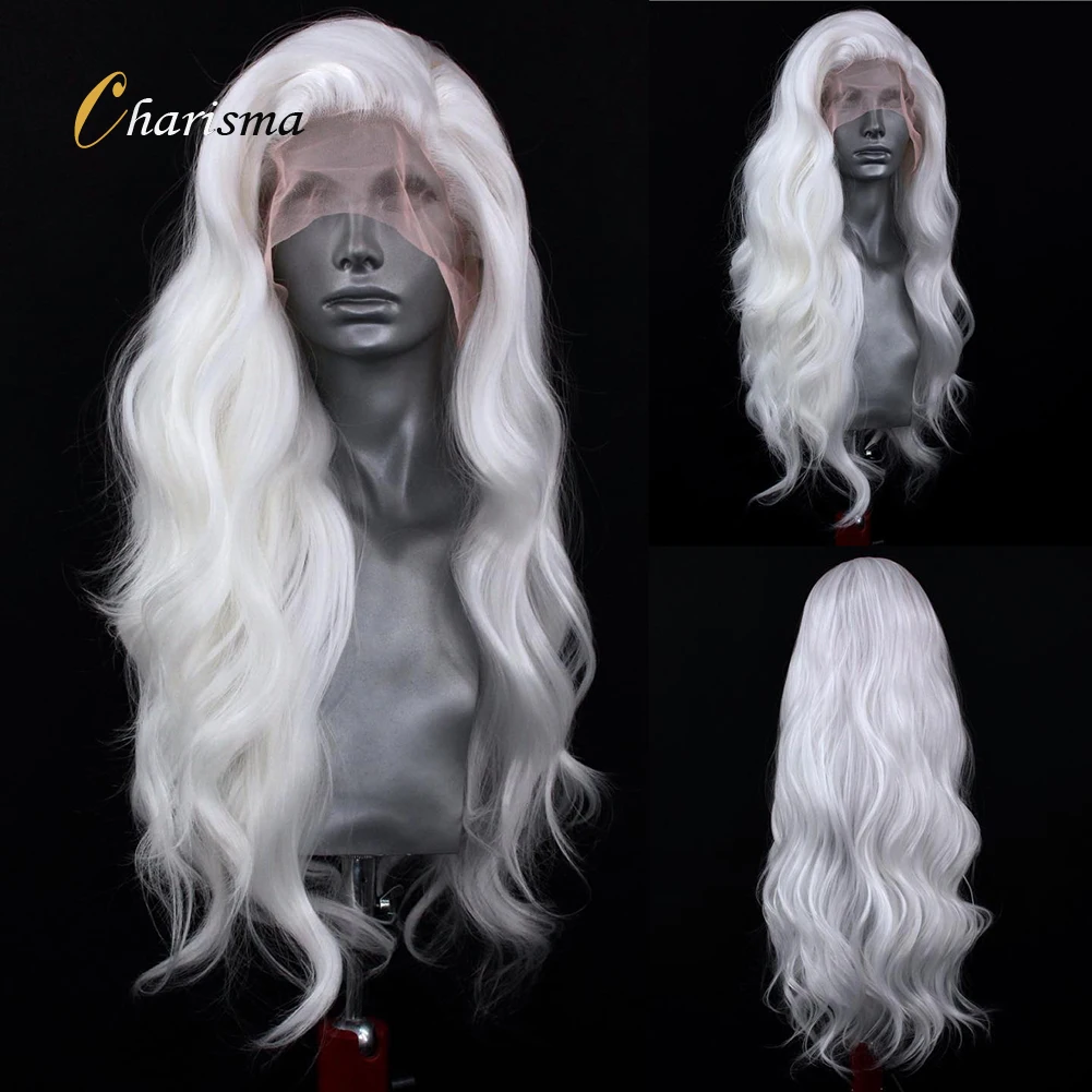 Charisma White Hair Long Body Wave Lace Front Wig Pre Plucked Synthetic La - £47.12 GBP+