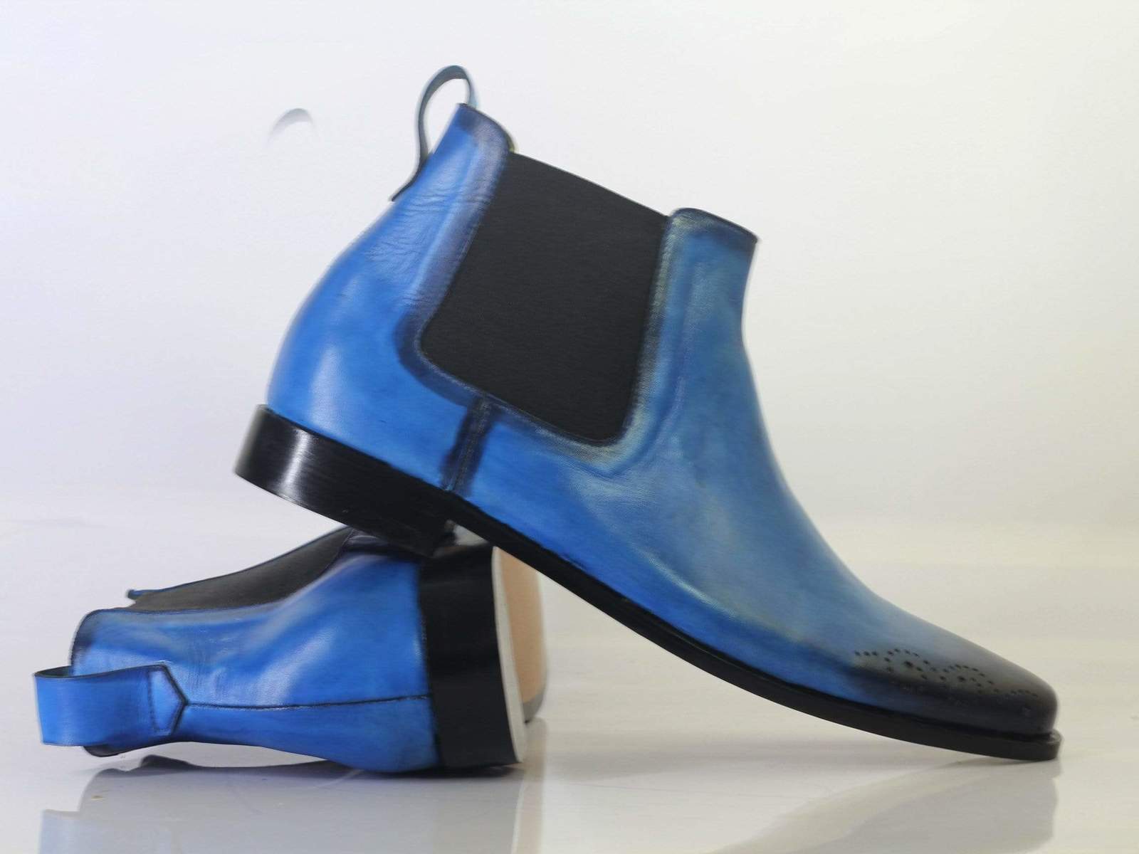 Handmade Men Blue Leather Brogue Chelsea Boot, Men Ankle Boot, Men Designer Boot