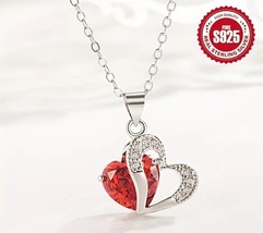 925 Sterling SILVER RED 3D Heart Necklace Ruby Garnet January July Valentine&#39;s - £19.38 GBP