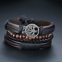 4Pcs/ Set Braided Wrap Leather Bracelets for Men Vintage Life Tree Rudder Charm  - £14.16 GBP