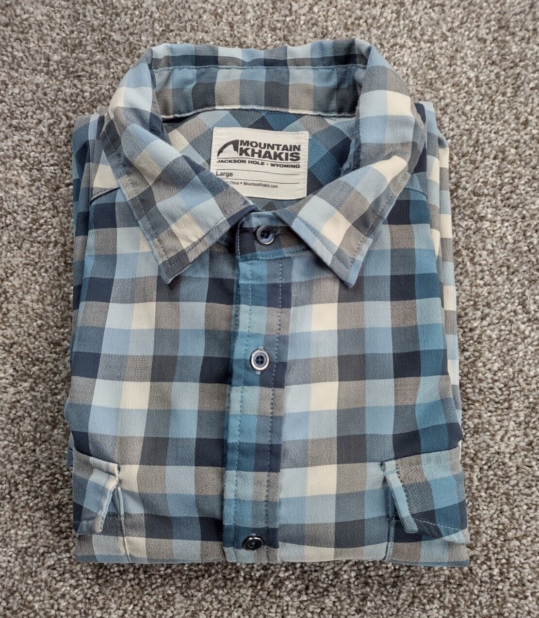 Primary image for Mountain Khakis Shirt Men Large Blue Plaid Flannel Button Up Rugged Outdoor Camp