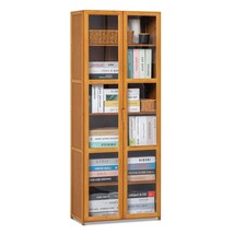 6 Tier Tall Bookcase With Acrylic Doors Bamboo Storage Cabinet Bookshelf Display - £139.77 GBP