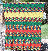 Vintage Handmade Rainbow Stripe Zig Zag Crochet Afghan Blanket Throw 76x46&quot;  - £42.46 GBP