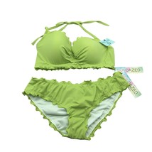 Sundazed Solid Nixie Bra Sized Ruffle Edge Halter Ruched Bikini Set Green L 36D - £15.13 GBP