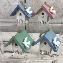 Miniature Birdhouses W/Doves Christmas Ornaments Lot Of 4 Wood Painted Handmade - £20.75 GBP