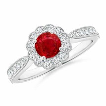 ANGARA Vintage Inspired Ruby Milgrain Ring with Diamond Halo in 14K Gold - £1,652.36 GBP