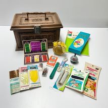Vintage Max Klein Brown Woodgrain Plastic Sewing Chest Box w Tray &amp; Notions - $29.99
