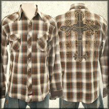 Fender Leather Cross Western Men Long Sleeve Button Up Dress Shirt Brown Plaid S - $67.52