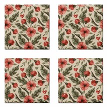 Floral Red Flower Pattern Set Of 4 Decorative Wall Backsplash Tiles - £45.66 GBP