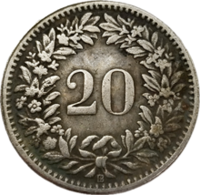 1851 Confederación Suiza 20 Rappen - Patrón clásico de corona Helvetia (... - $18.56 CAD