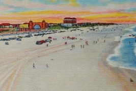 Tracks on the Sand Beach Broadwalk Daytona Beach FL Linen Vintage Postcard Cars - £17.37 GBP