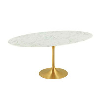 78&quot; Oval Gold Tulip Pedestal Stem Dining Table White Genuine Stone Faux Marble - £1,112.69 GBP