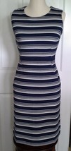 Lands End Women&#39;s Sleeveless Ponte Sheath Dress Deep Sea Multi Stripe New - $49.99