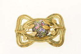 Estate Jewelry Victorian Brass Purple Floral Glass Stone C Clasp Brooch Pin - £42.83 GBP
