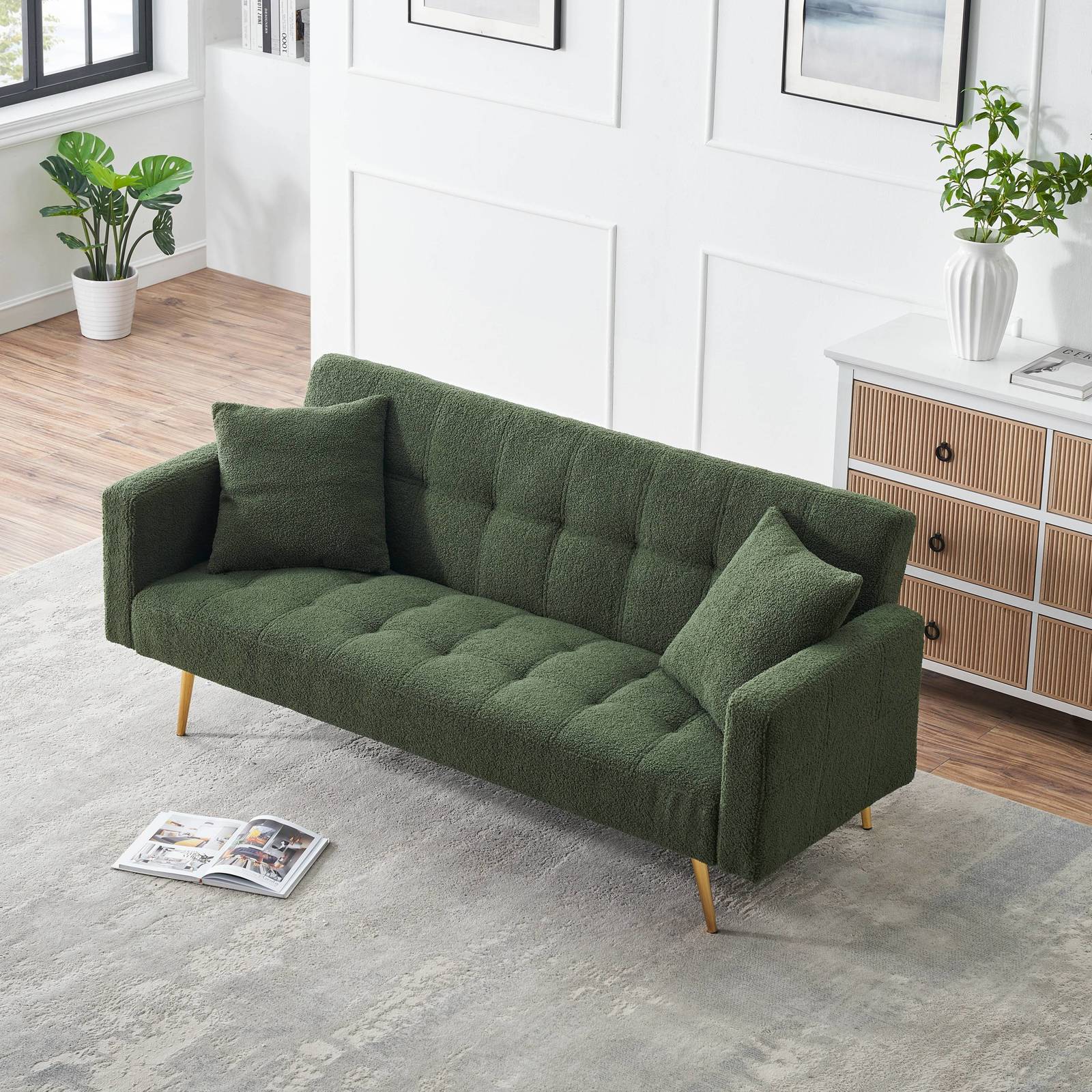 71.7" Green Teddy Fleece Sofa Bed, 2 Pillows, Metal Legs Item image 5