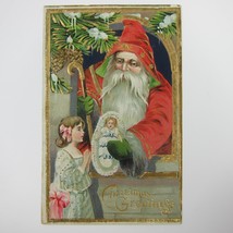 Vintage Christmas Postcard Old World Santa Gives Girl Doll Gold Embossed Antique - £24.05 GBP