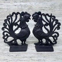 PAIR of Chicken Bookends Black Cast Iron Hen Rooster RUSTIC Farmhouse Vi... - $30.40