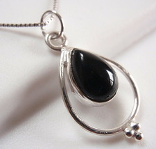 Black Onyx Pendant 925 Sterling Silver Teardrop in Hoop Silver Dot Accents New - £11.32 GBP