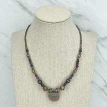 Silver Tone Purple Beaded Studded Pendant Screw Clasp Necklace - £5.20 GBP