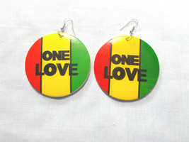 One Love Medium Text Round Rasta Red Yellow Green Black Wooden Earrings 3&quot; Drop - $6.99