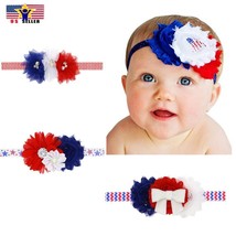 Baby Hair Head Band American USA Flag Chiffon Flower Rhinestone Satin 4th July - £4.34 GBP+