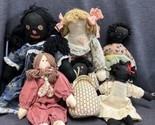 Lot Of 6 Vintage Rag Dolls Handmade Folk Art w/cloth Faces Yarn Hair Up ... - $45.54