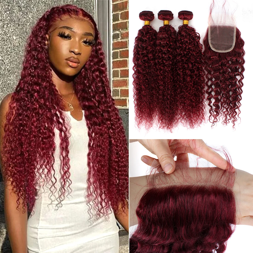 Curly Human Hair Weave Bundles With Closure 99j Red Hair Extensions For Women - £89.51 GBP+