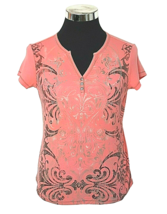 Christopher &amp; Banks Tee Shirt Juniors Size Medium Coral  Embellished V-Neck - £11.05 GBP