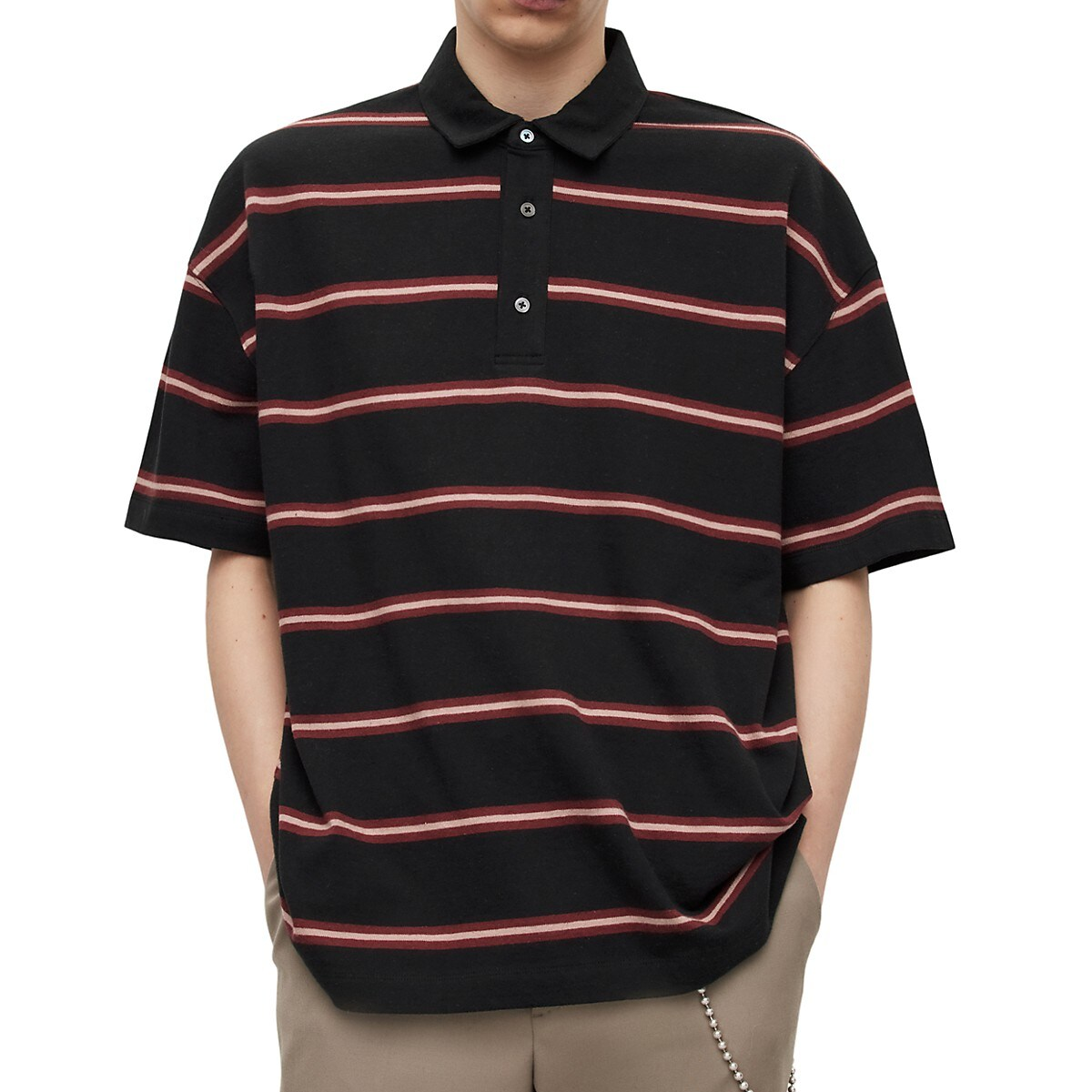 All Saints Men&#39;s Short Sleeve Arden Striped Cotton Polo Shirt Oversized ... - $48.12