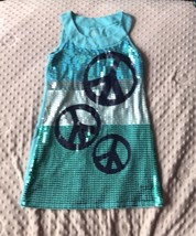 Justice Girls Blue Embellished Sequined Sleeveless summer Dress Sz 12 Peace Sign - £14.03 GBP