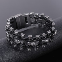 Black Stainless Steel Skull Bracelet 25mm Wide Men Punk Rock Leather Bracelet  - $35.99
