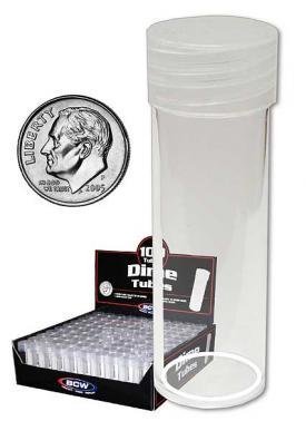 COIN STORAGE TUBES, round clear plastic w/ screw on tops for DIMES (DISPLAY BOX