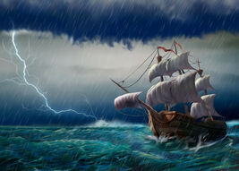 Sailing ship in the sea waves, sailboat in ocean with rain lightning storm - $25.00