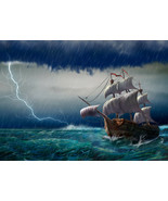 Sailing ship in the sea waves, sailboat in ocean with rain lightning storm - £18.68 GBP