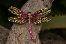 Dragonfly Brooch Pin Jewelry Gold Rhinestone Gifts Insect Large Statement - £12.11 GBP